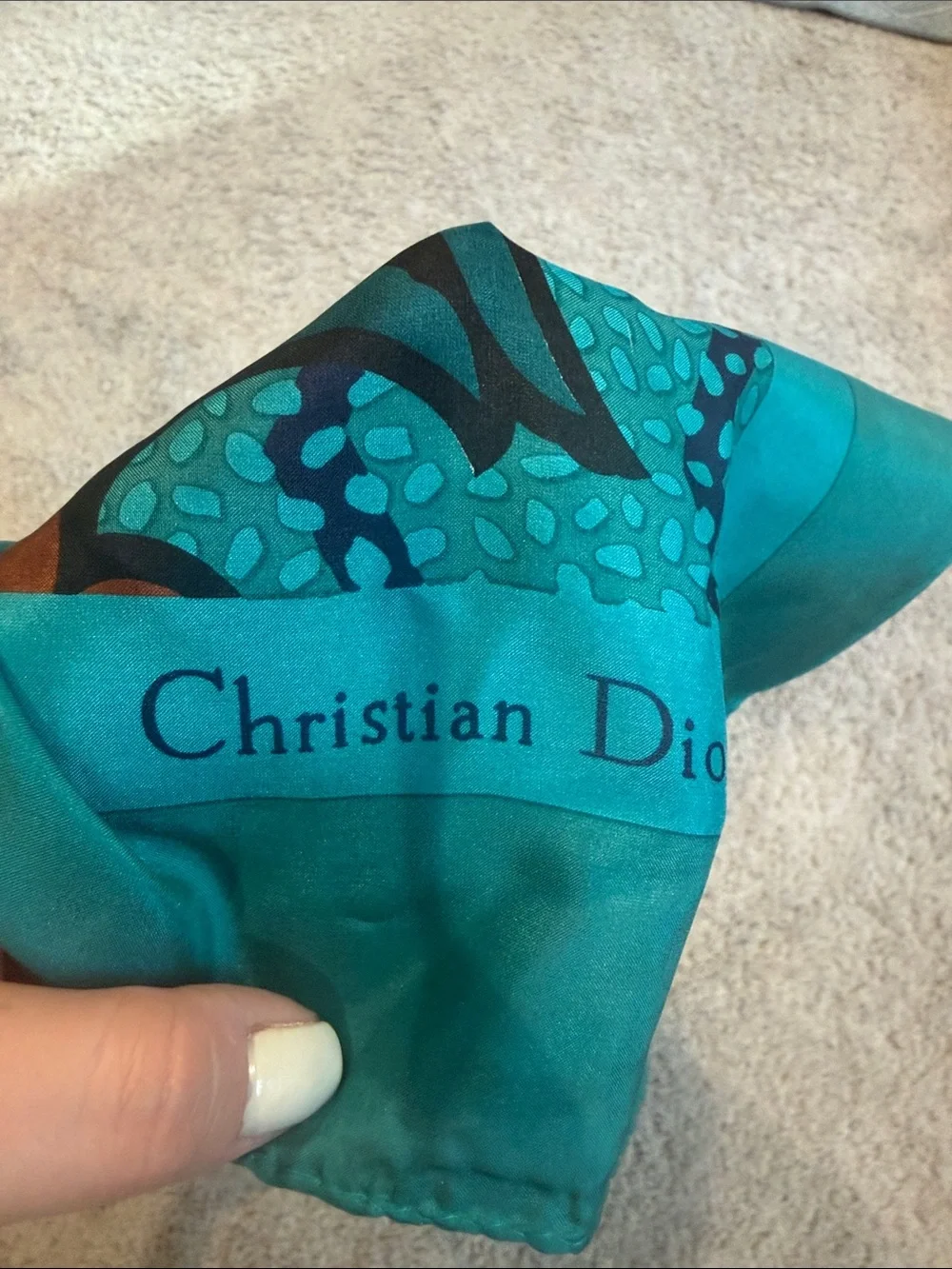 Dior Turquoise Floral Silk Scarf with Coral and Brown Accents Vintage 100% Silk